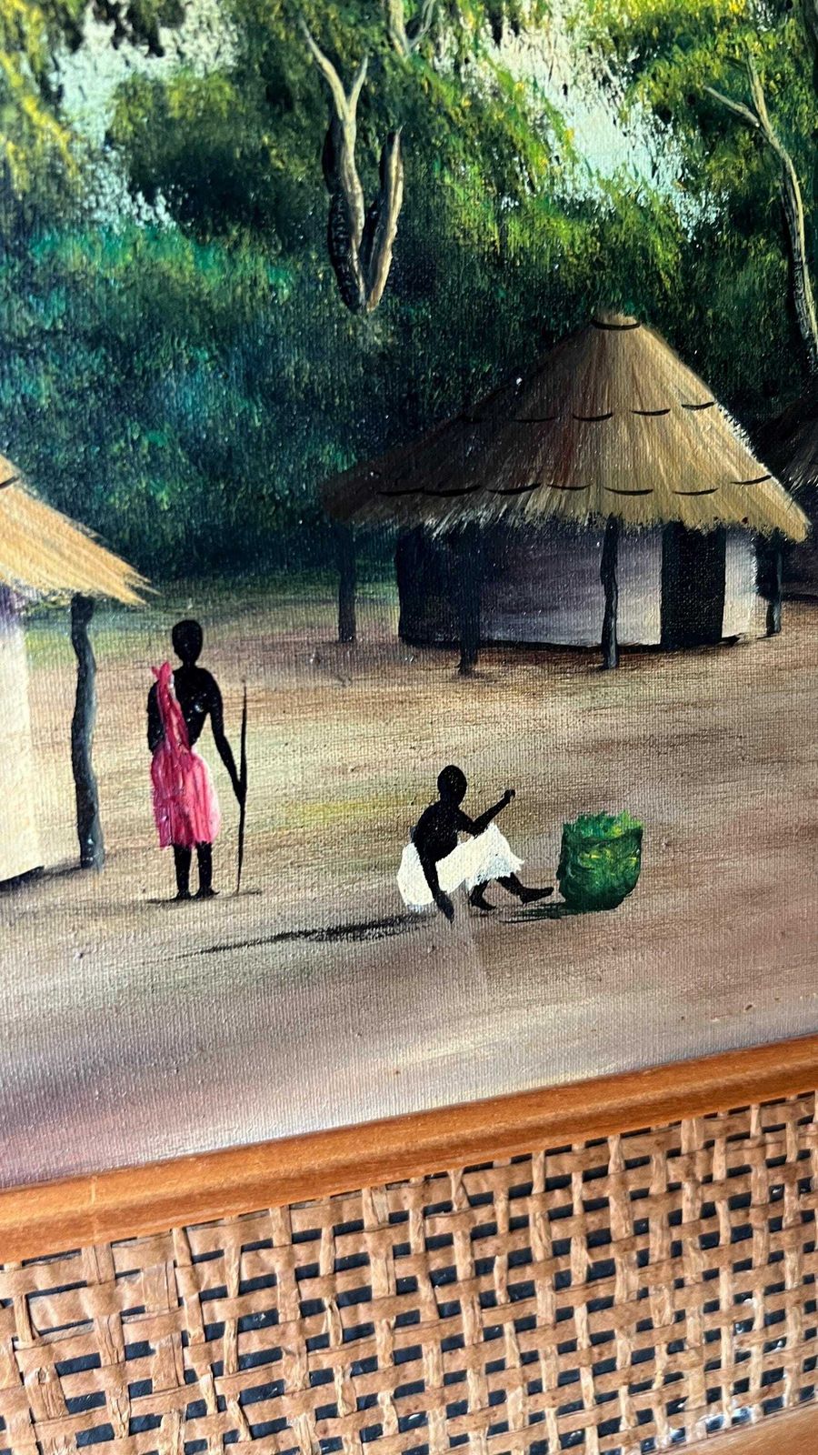 Vintage Framed Oil On Canvas Painting Depicting An African Village Scene photo 229.0