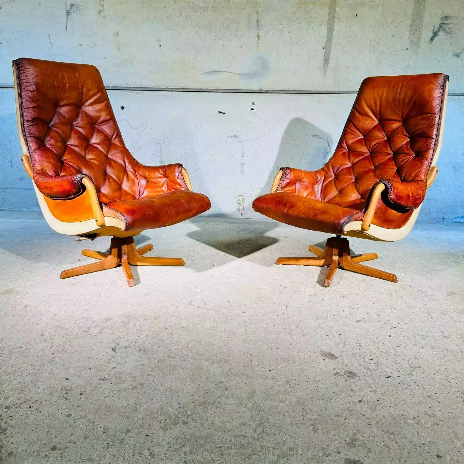 Pair Of 1960s Scandinavian High Back Leather Swivel Chairs By Berg #A318 photo furniture