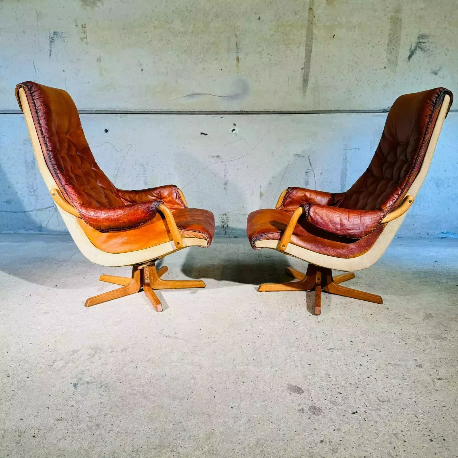 Pair Of 1960s Scandinavian High Back Leather Swivel Chairs By Berg #A318 photo for sale