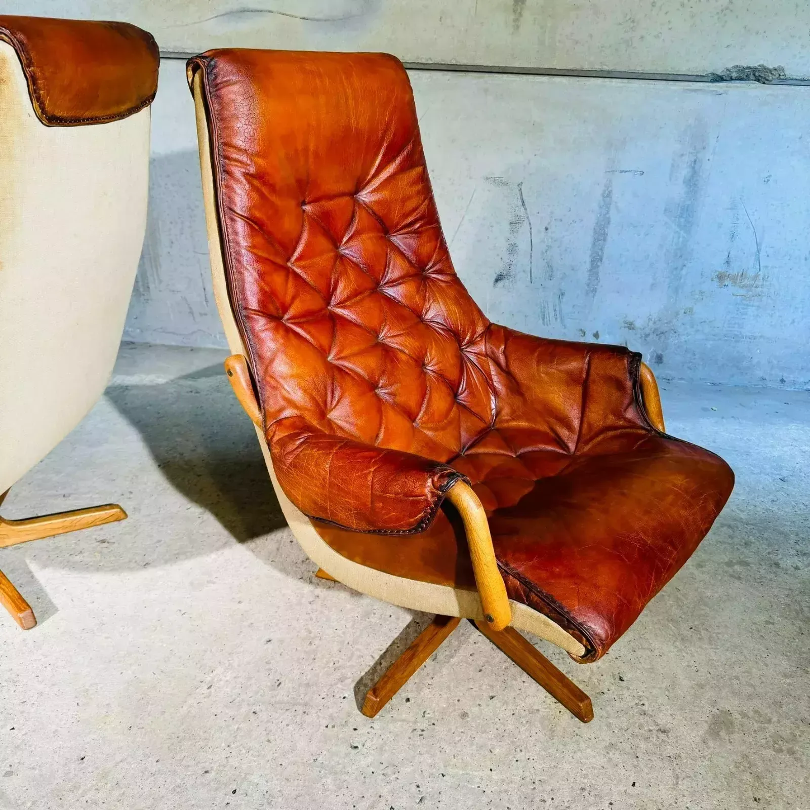 Pair Of 1960s Scandinavian High Back Leather Swivel Chairs By Berg #A318 photo vintage