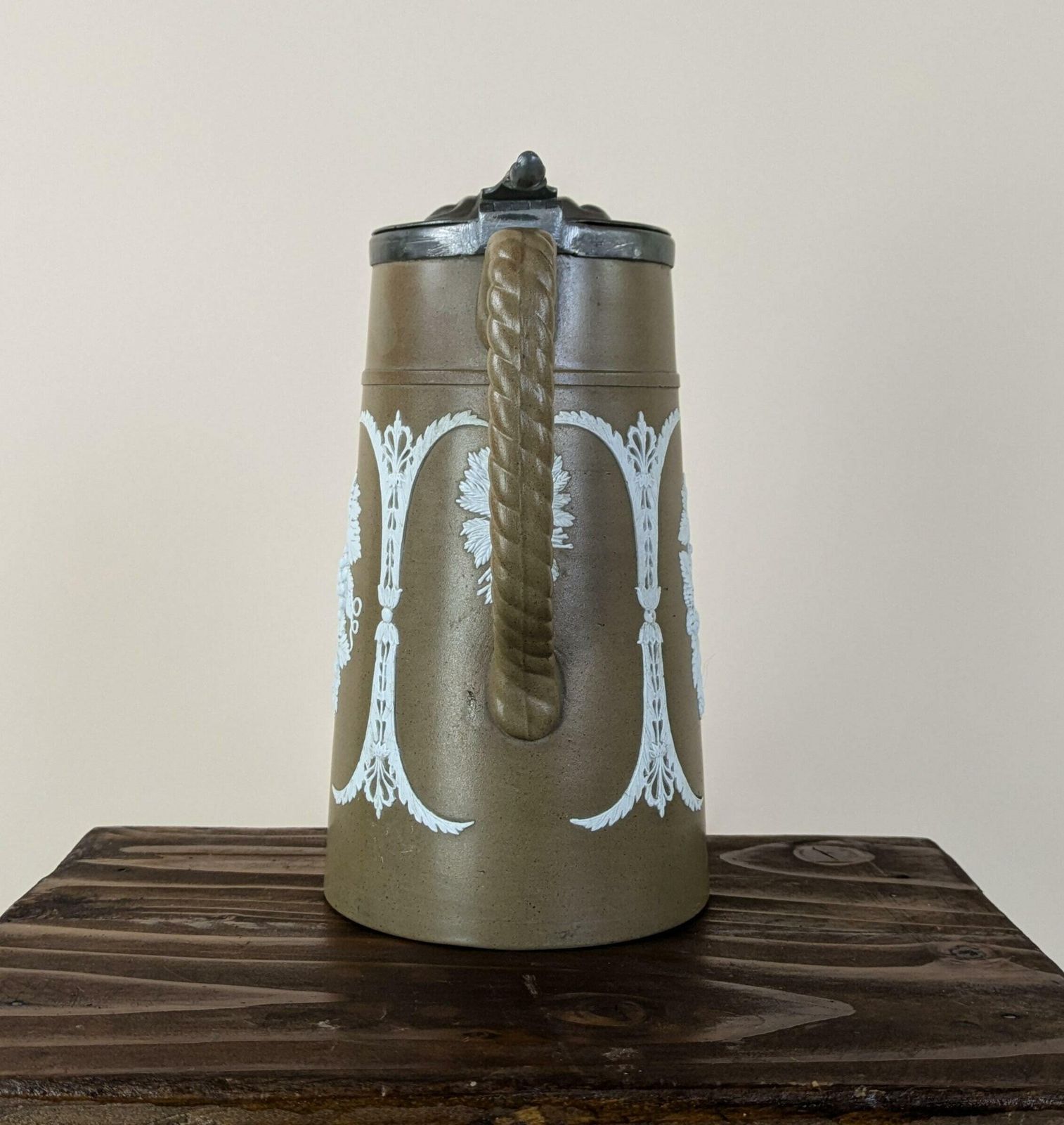 Antique English Pottery Pitcher By James Dudson With Dixon & Sons Pewter Lid, Antique Wine Jug photo 144.0