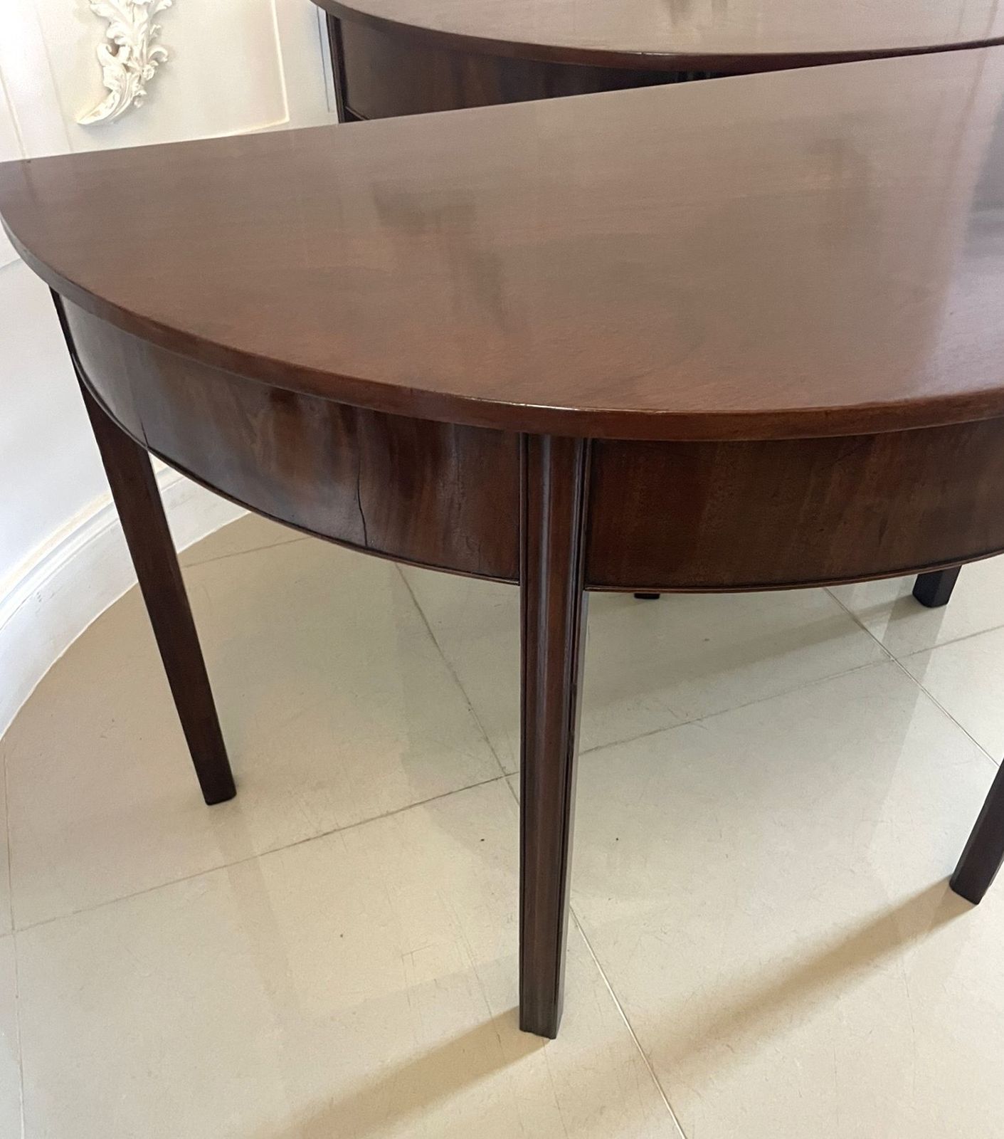 Pair Of Quality Figured Mahogany Antique 18th Century Demi Lune Console Tables photo buy