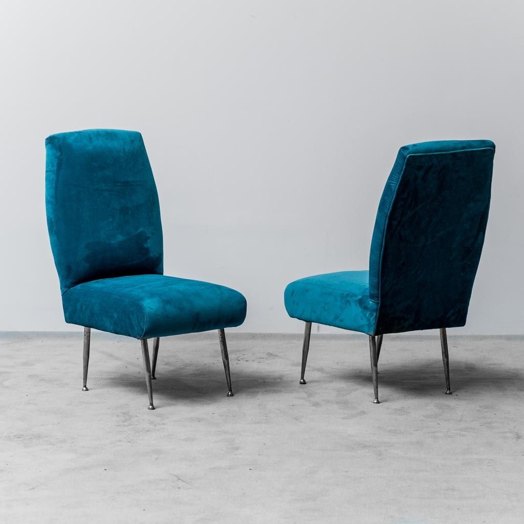 Pair Of Chairs Light Blue Velvet Metal 50s Vintage Modern Antiques