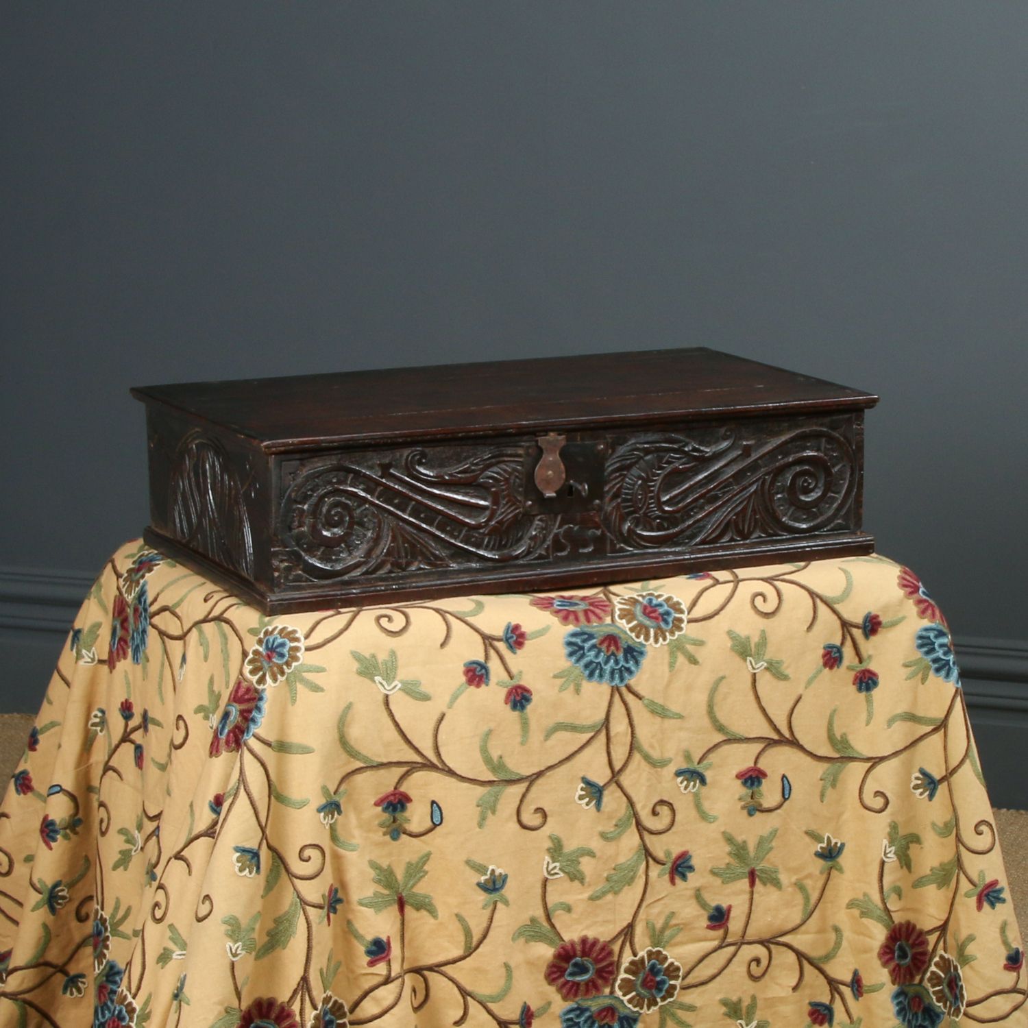 English 17th Century Charles II Oak Carved Bible Box  (Circa 1680)