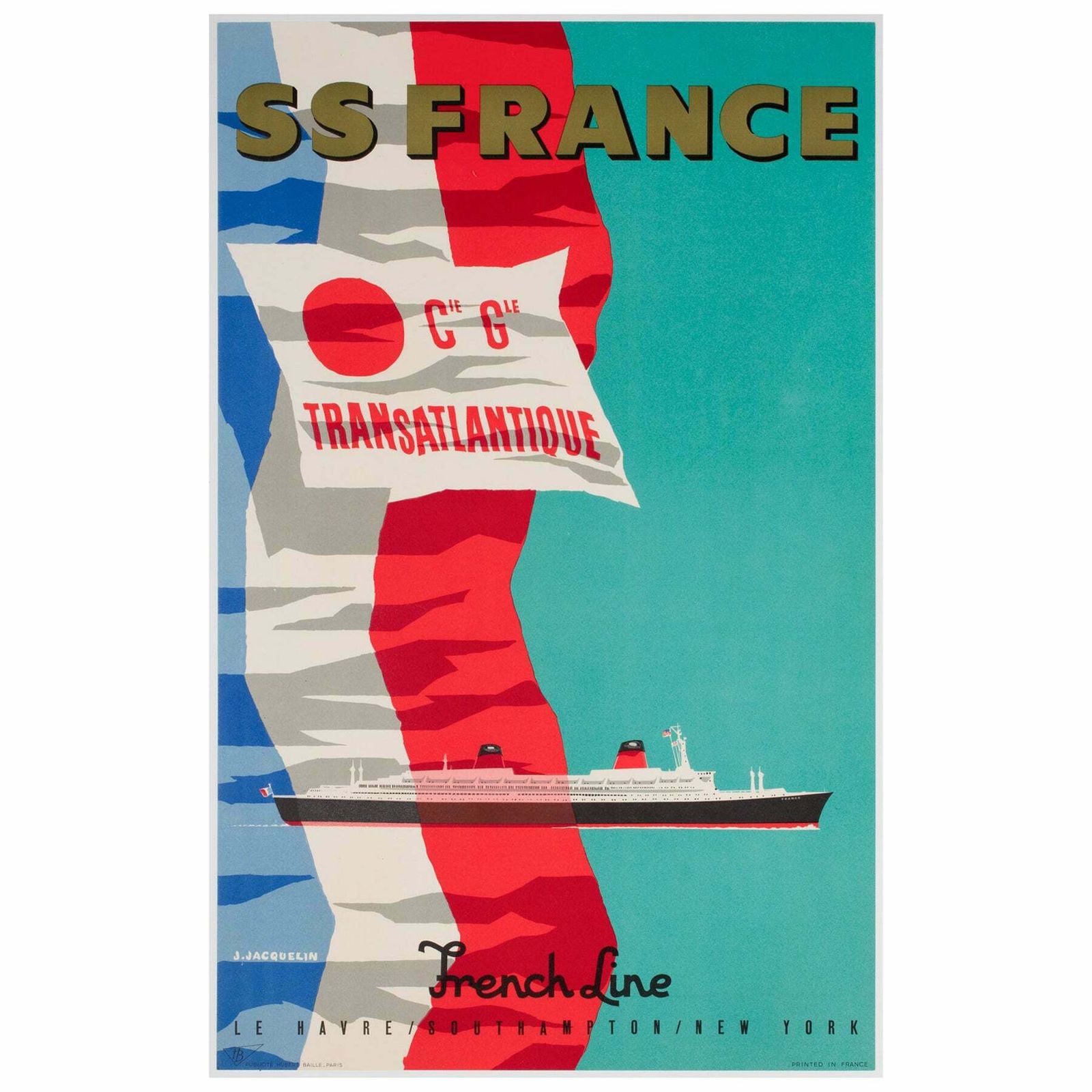 Ss France Cie Gle Transatlantique C1961 French Line Travel Poster, Jean Jacquelin