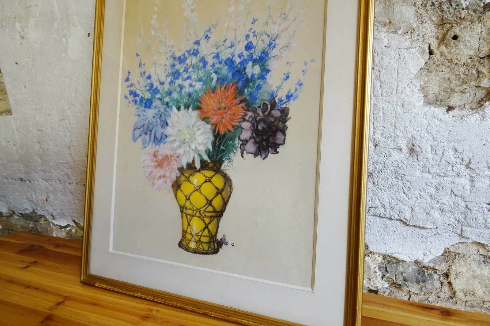 Large French Pastel, Delphiniums And Dahlias photo vintage