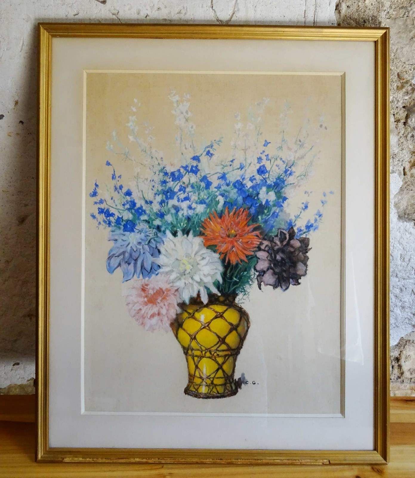 Large French Pastel, Delphiniums And Dahlias