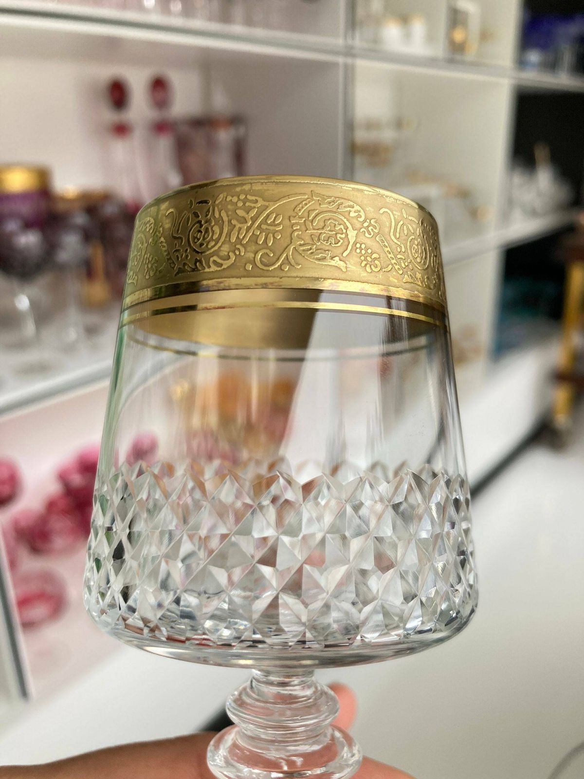 Crystal Cognac Glasses | 6pcs | Diamond Cut And 24k Gold Trim | By Theresienthal photo Home Decor