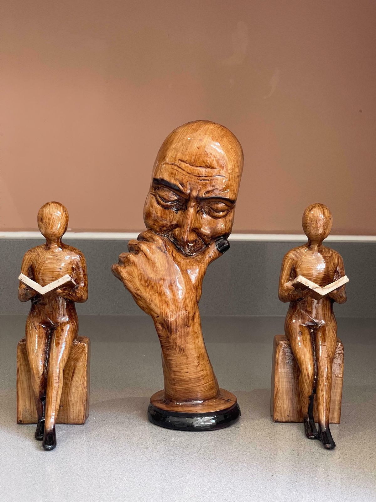 Wooden Sculptures Book End Set Of 3 Thinking Decorative Figurine Of Book Holders photo furniture