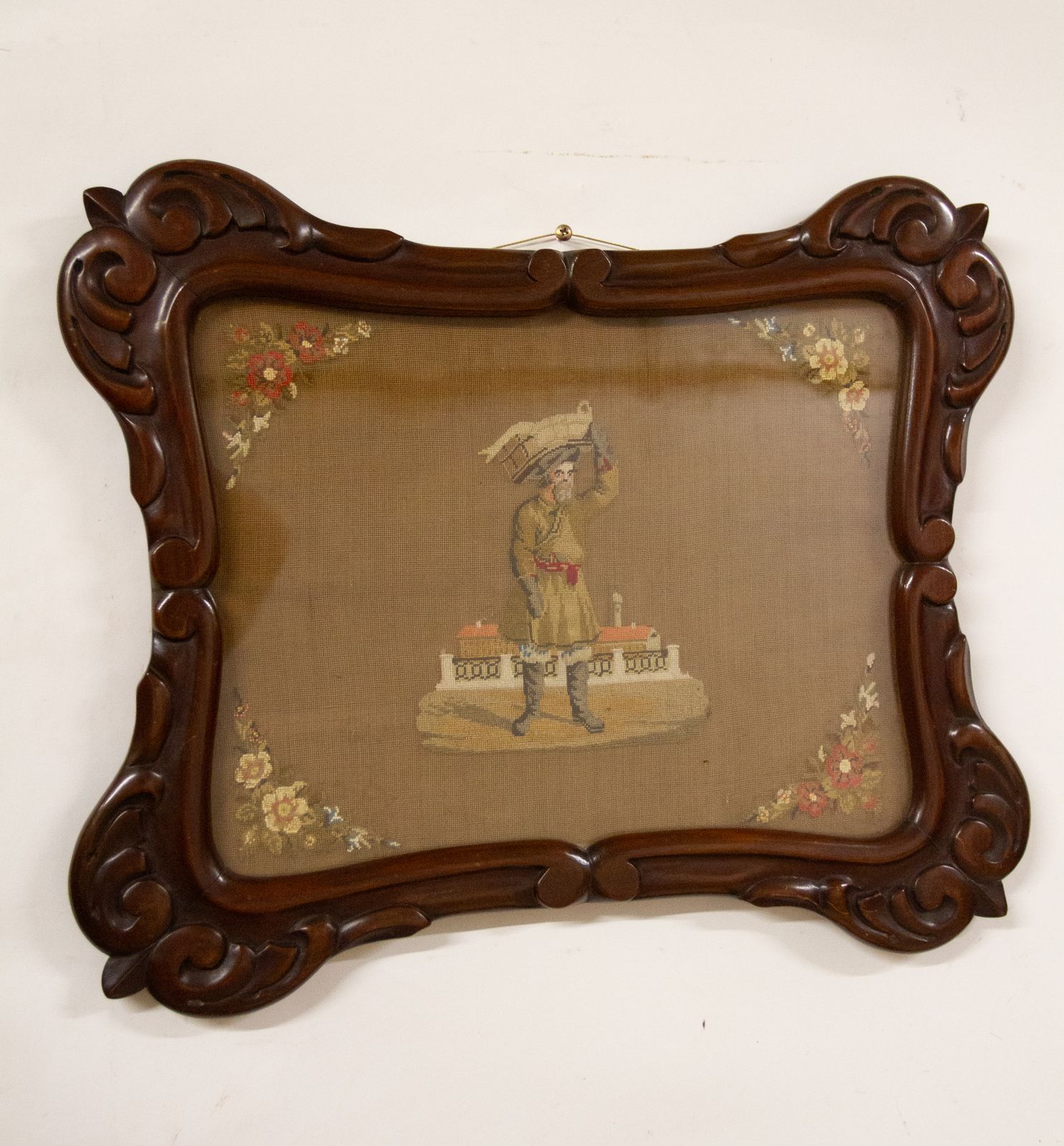 William 1v Period  Mahogany Framed Needlepoint Picture Of A Fisherman
