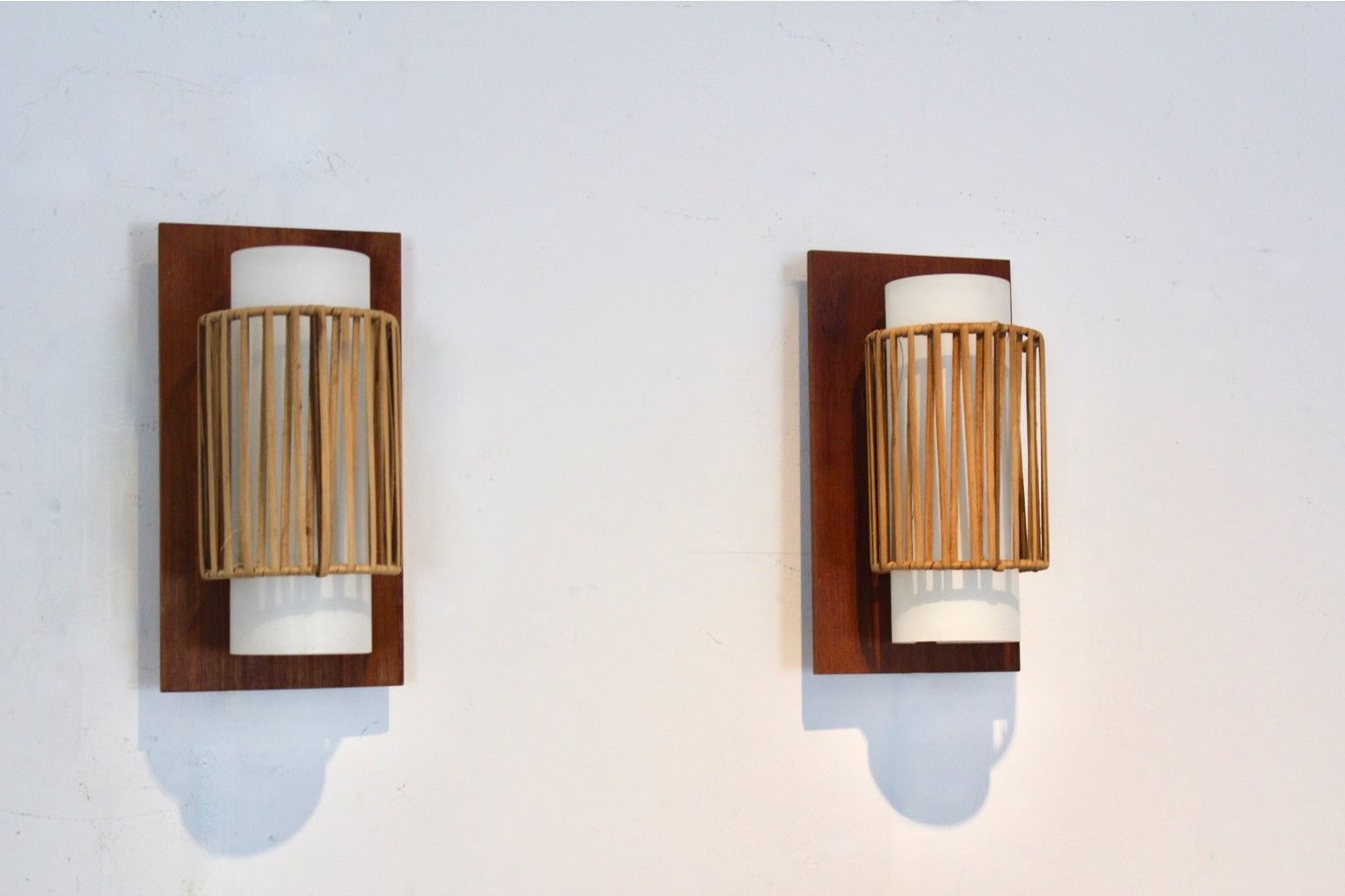 Natural Pair Of Rattan, Teak And Opaline Glass Wall Lights photo furniture