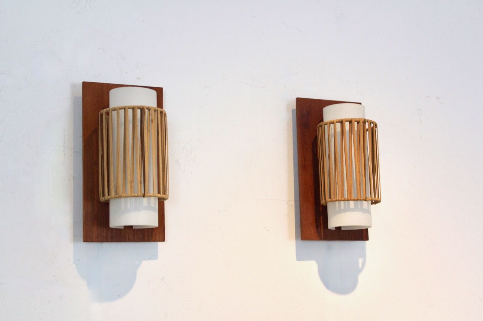 Natural Pair Of Rattan, Teak And Opaline Glass Wall Lights photo 1650.0