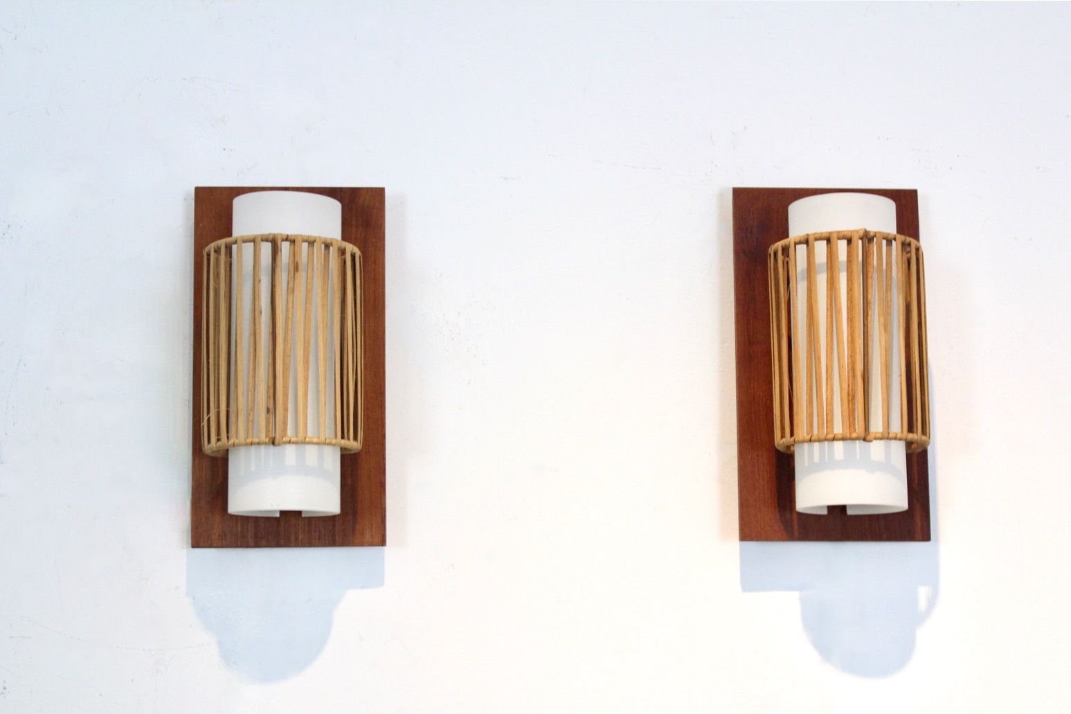Natural Pair Of Rattan, Teak And Opaline Glass Wall Lights photo vintage