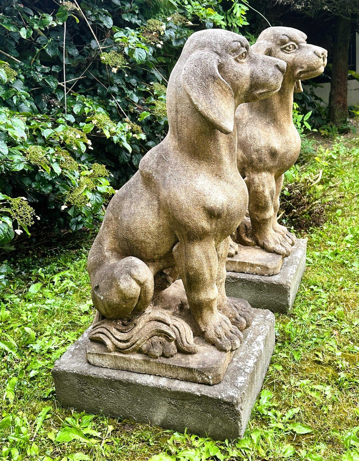 Pair Of Very Large Limestone Dogs Statues, France 1940s. photo buy