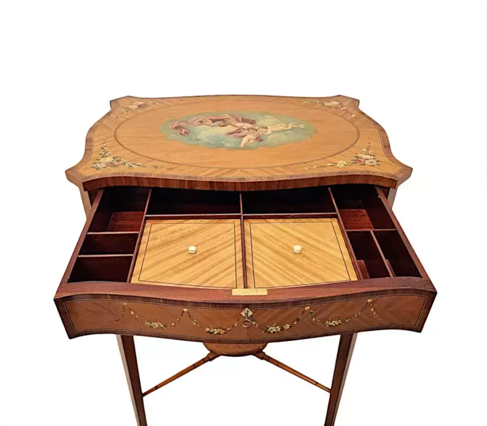 A Rare Late 19th Century Inlaid And Hand Painted Side Or Sewing Table photo vinterior