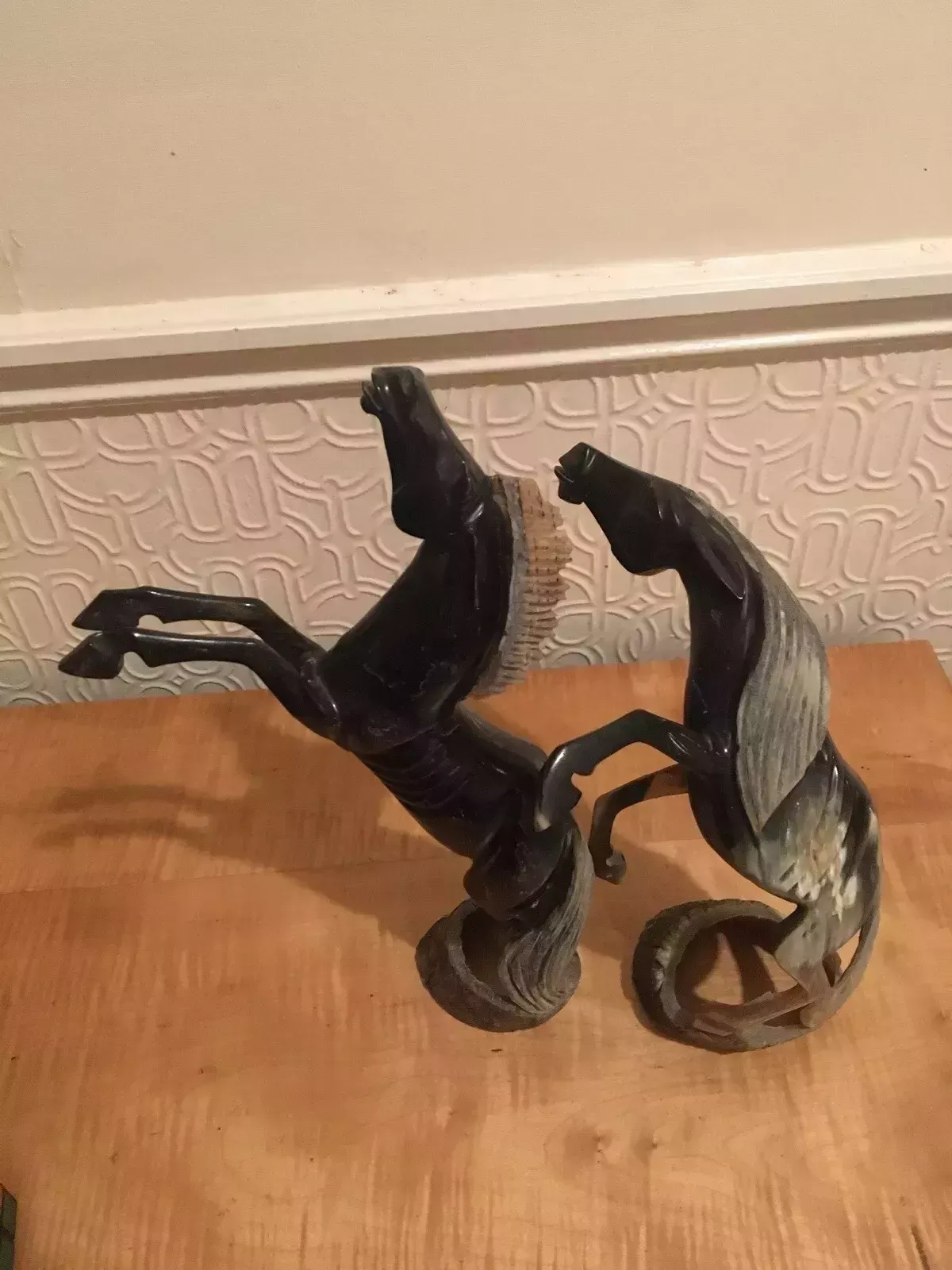 photo vintage Pair Mid Century Art Deco Carved Buffalo Horn Horse Sculptures Modernist Vintage