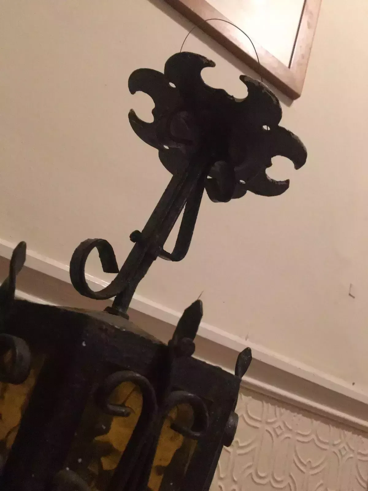 photo furniture Antique Wrought Iron Porch Lantern Amber Glass Wired Arts Crafts