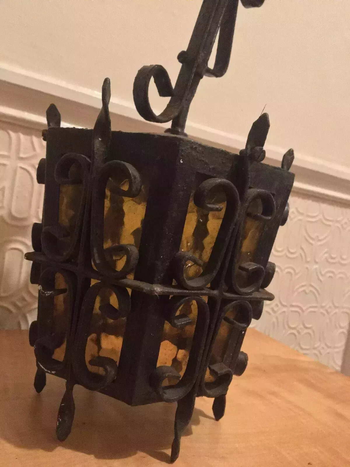 photo for sale Antique Wrought Iron Porch Lantern Amber Glass Wired Arts Crafts