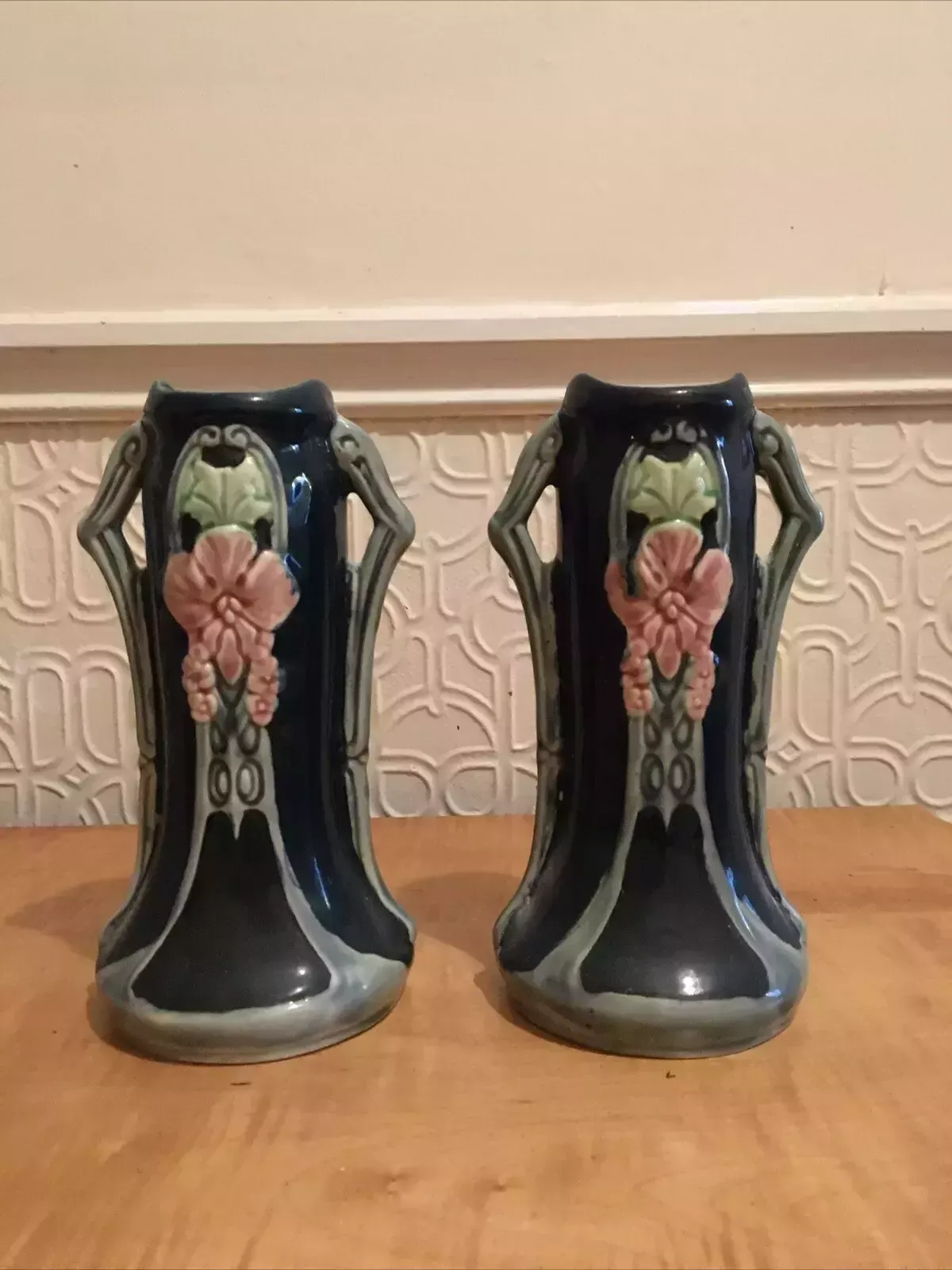 Pair Of Continental Secessionist Jugendstil Majolica Nouveau Amphora Vases