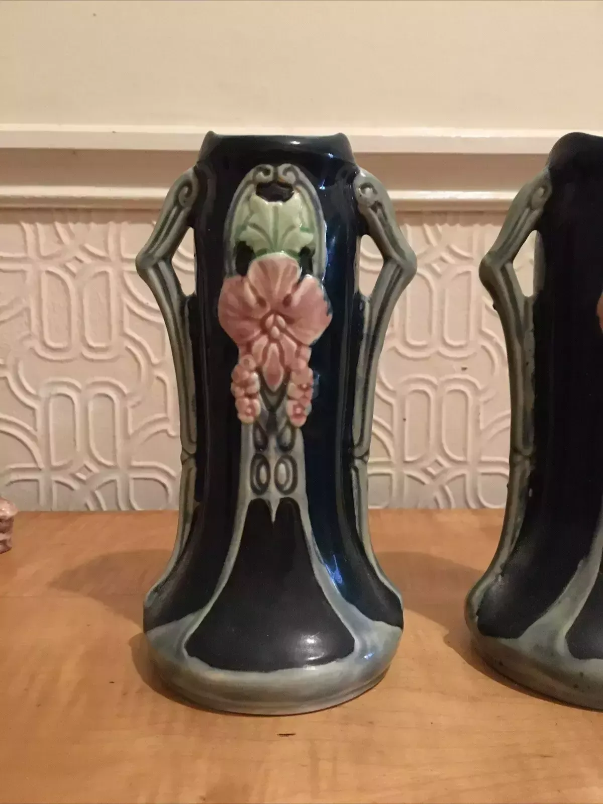 Pair Of Continental Secessionist Jugendstil Majolica Nouveau Amphora Vases photo for sale