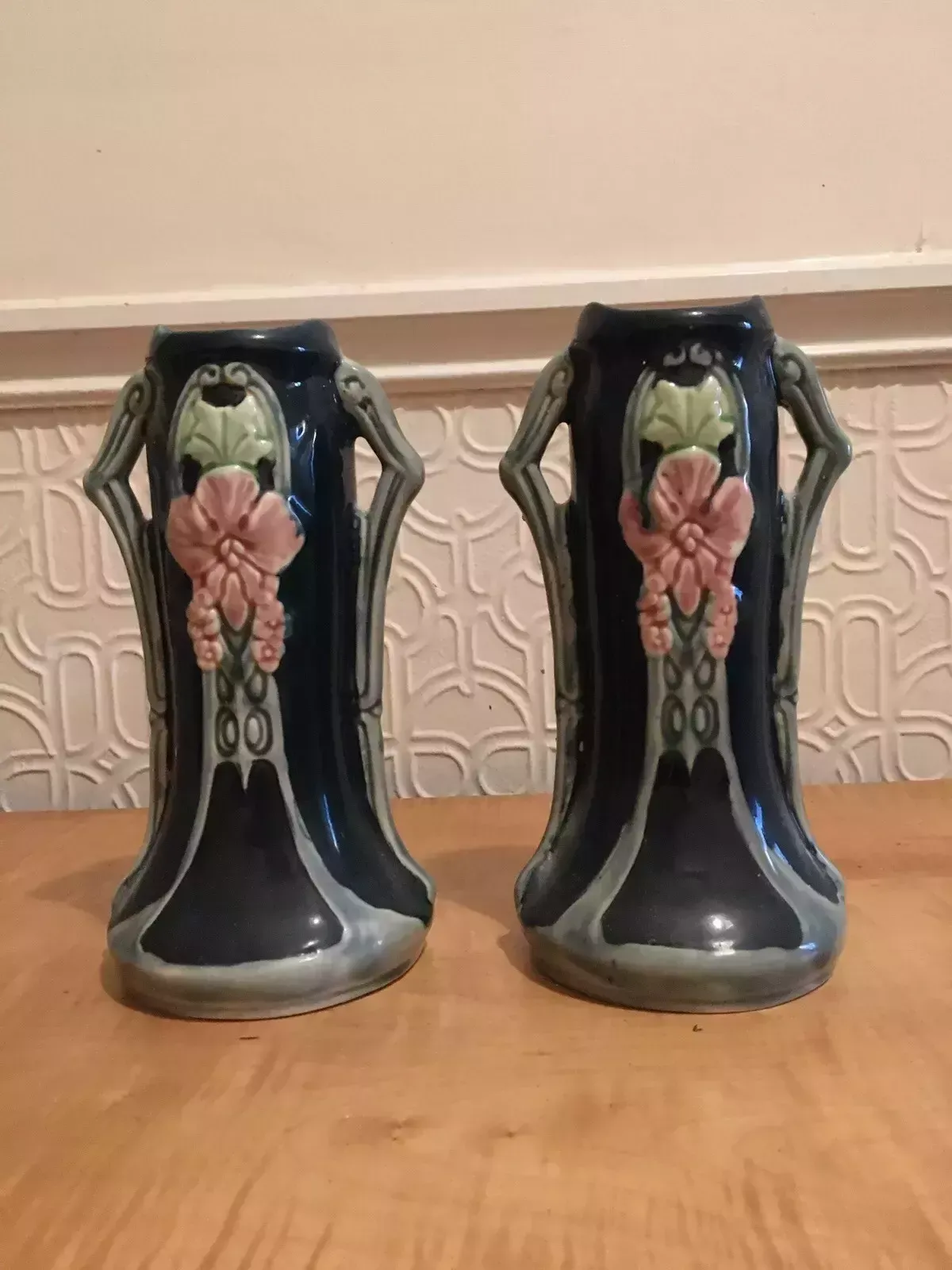 Pair Of Continental Secessionist Jugendstil Majolica Nouveau Amphora Vases photo Home Decor