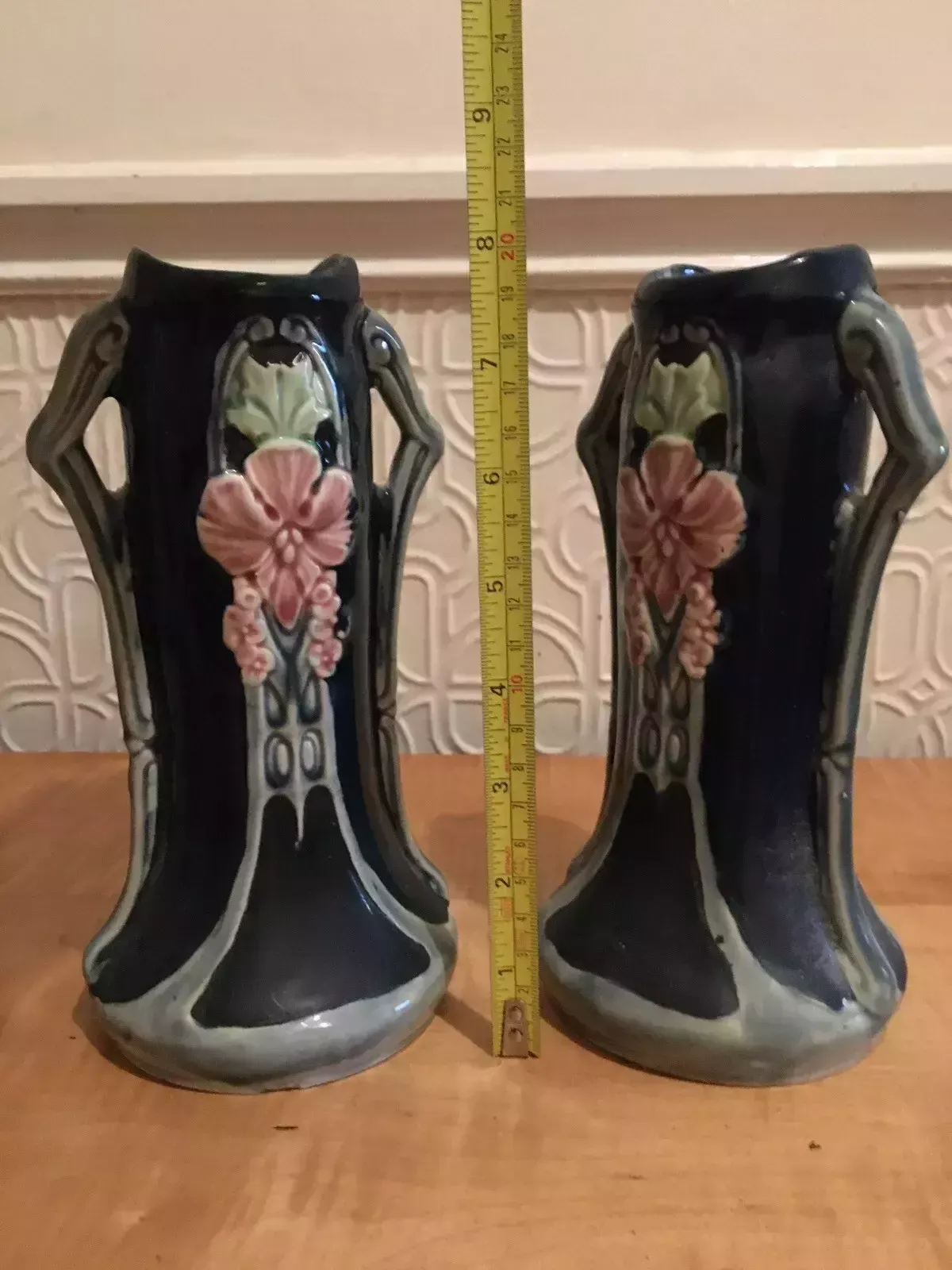 75.0 Pair Of Continental Secessionist Jugendstil Majolica Nouveau Amphora Vases photo