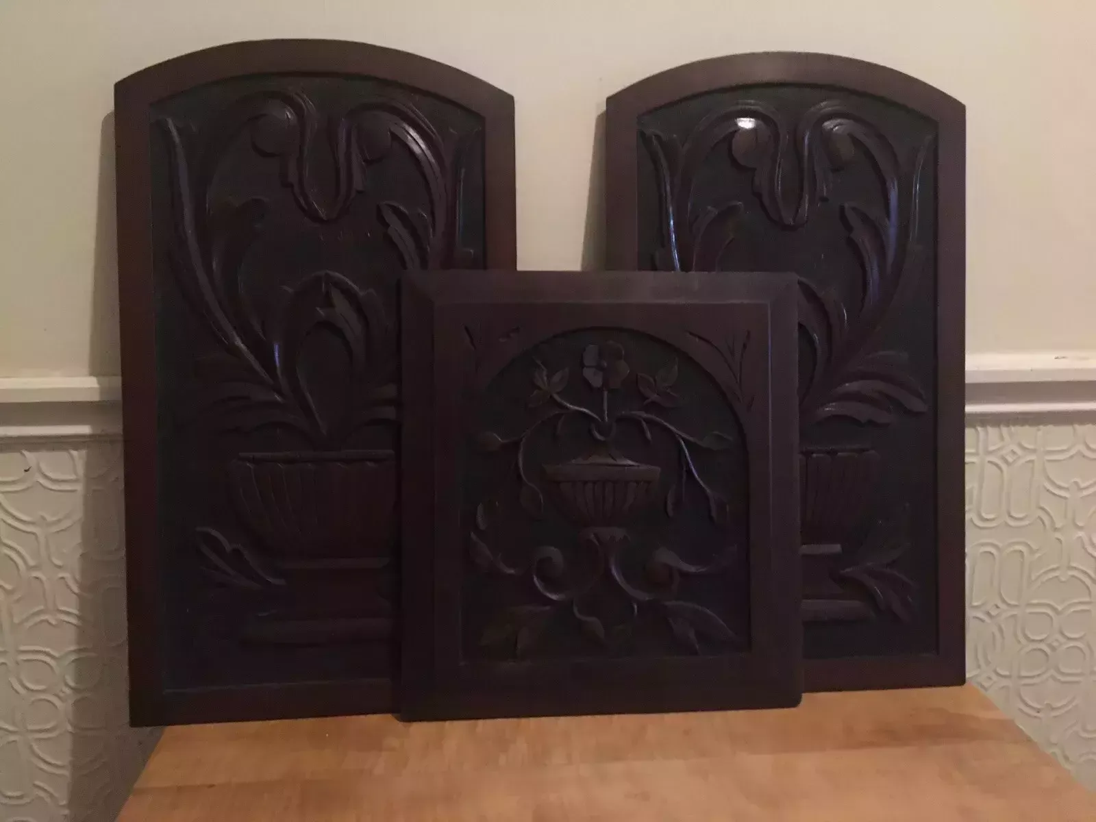 3x Antiques Edwardian Woodcarvings Wall Plaques Mahogany Decoratorive Art