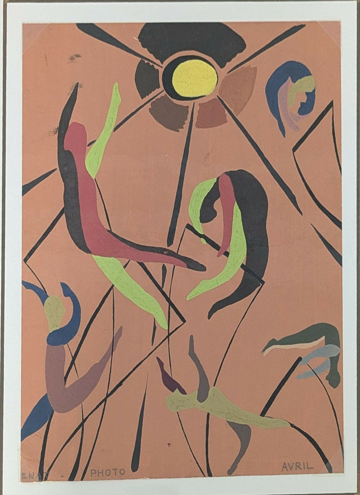 "Unknown  Vintage French Abstract Painting   Trapeze Artists    Circa 1950"