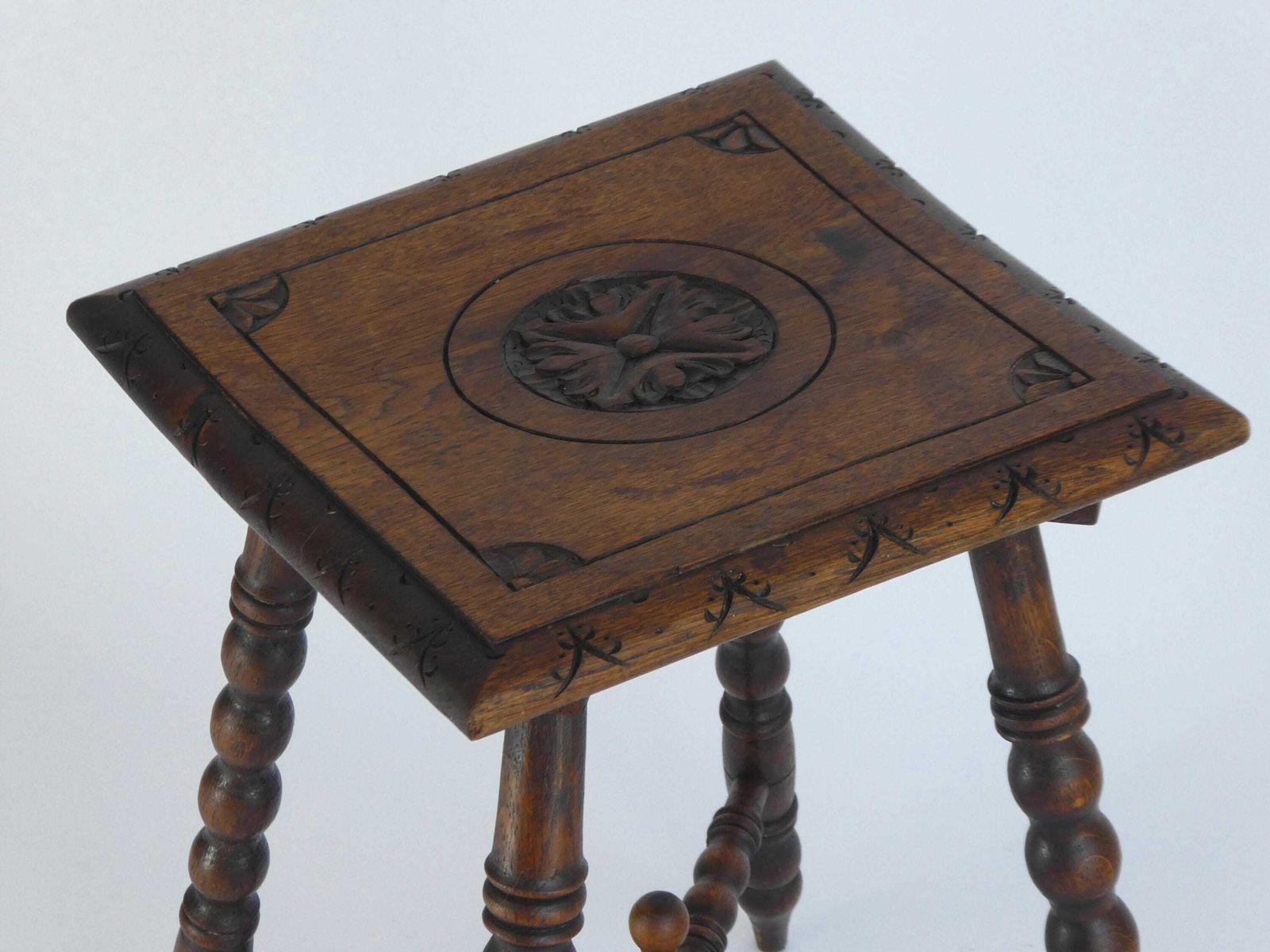Antique Small Bobbin Wooden Stool, Carved Side Table With Flower, Barley Twist Furniture, Oak Bench, Plant Stand photo for sale