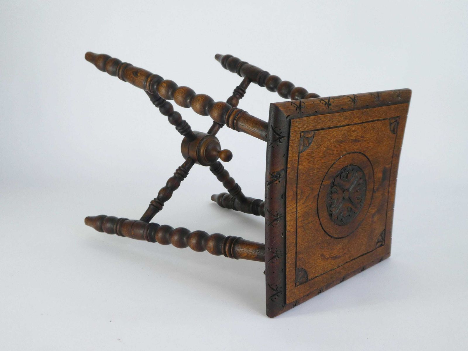 Antique Small Bobbin Wooden Stool, Carved Side Table With Flower, Barley Twist Furniture, Oak Bench, Plant Stand photo buy