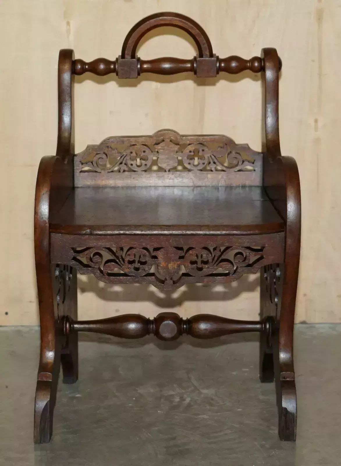 Pair Of Antique Victorian English Hand Carved Hall Chairs With Rotating Handles photo for sale