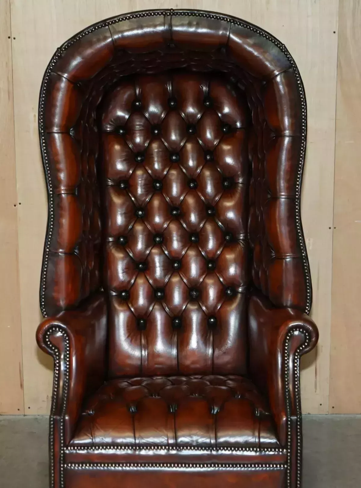 Stunning Vintage Hand Dyed Brown Leather Chesterfield Tufted Porters Armchair photo for sale