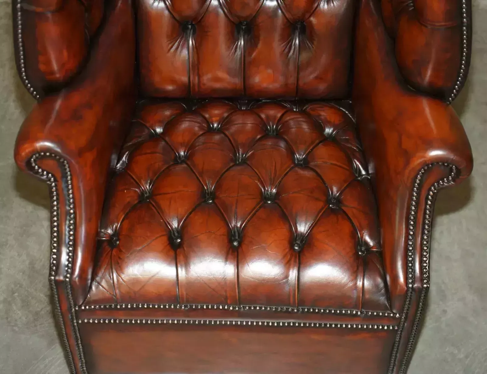 Stunning Vintage Hand Dyed Brown Leather Chesterfield Tufted Porters Armchair photo vinterior
