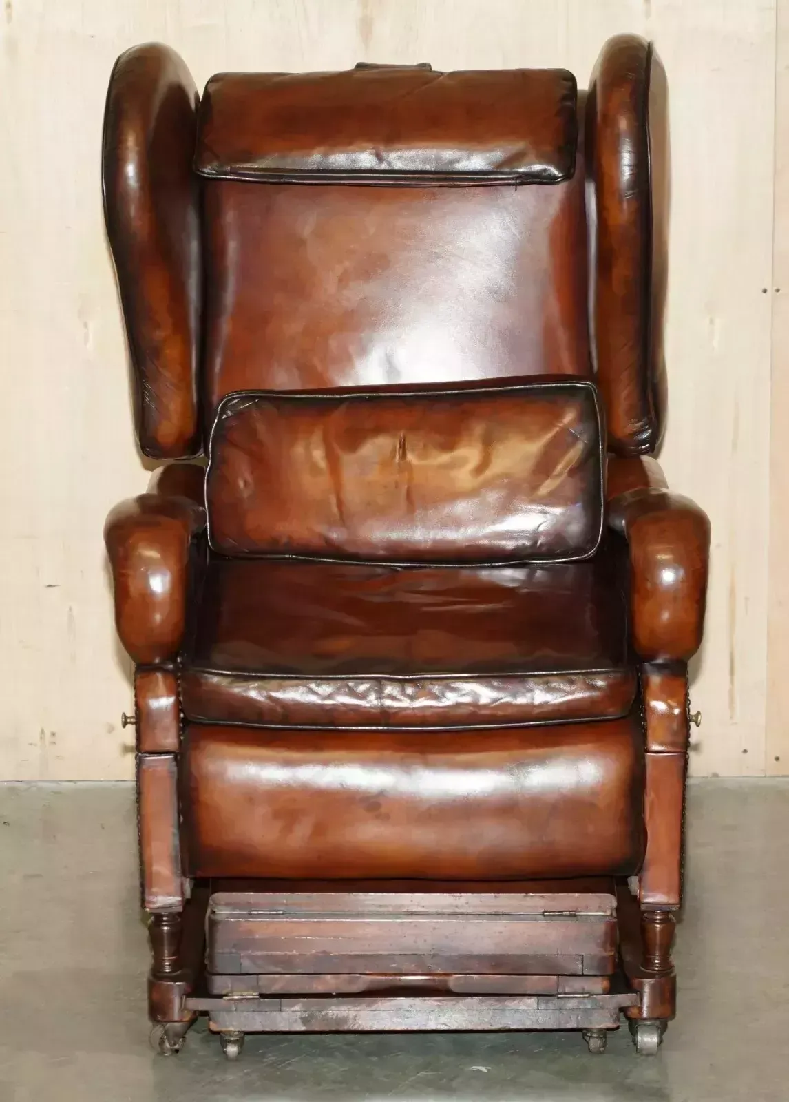 Restored J Foot & Son Adjustable Reclining Easy Armchair Hand Dyed Brown Leather photo for sale
