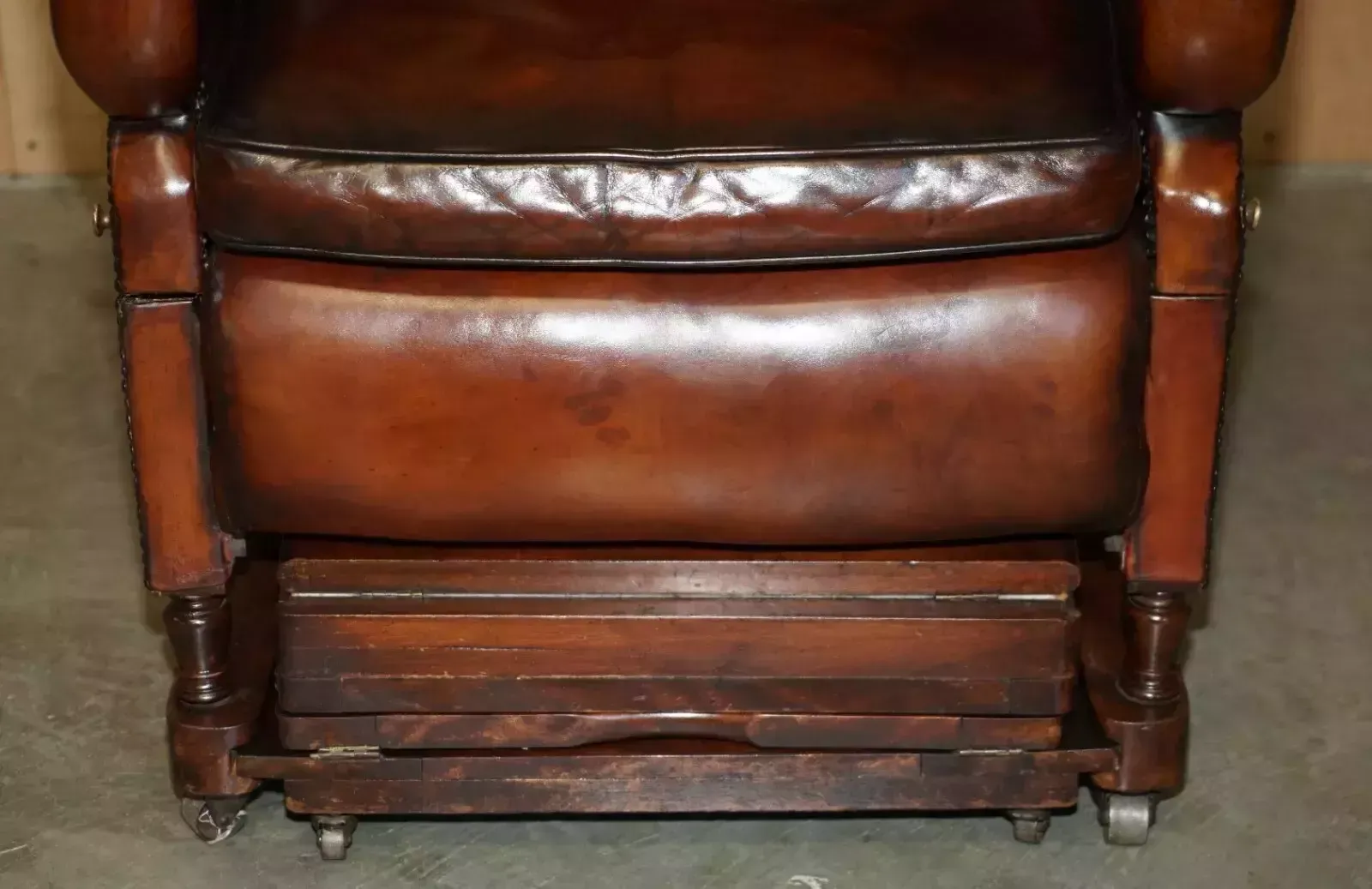 Restored J Foot & Son Adjustable Reclining Easy Armchair Hand Dyed Brown Leather photo vintage