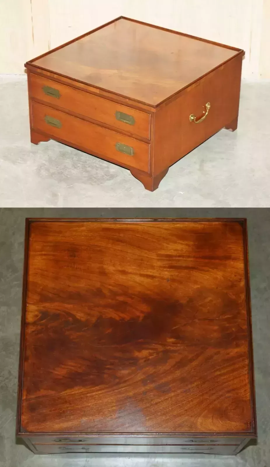 Antique Victorian 1880 Flamed Mahogany Military Campaign Coffee Table Drawers