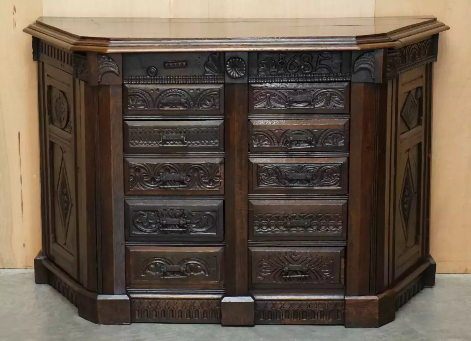 Antique 1685 Dated Hand Carved Chest Of Drawers Sideboard With Side Cupboards photo furniture