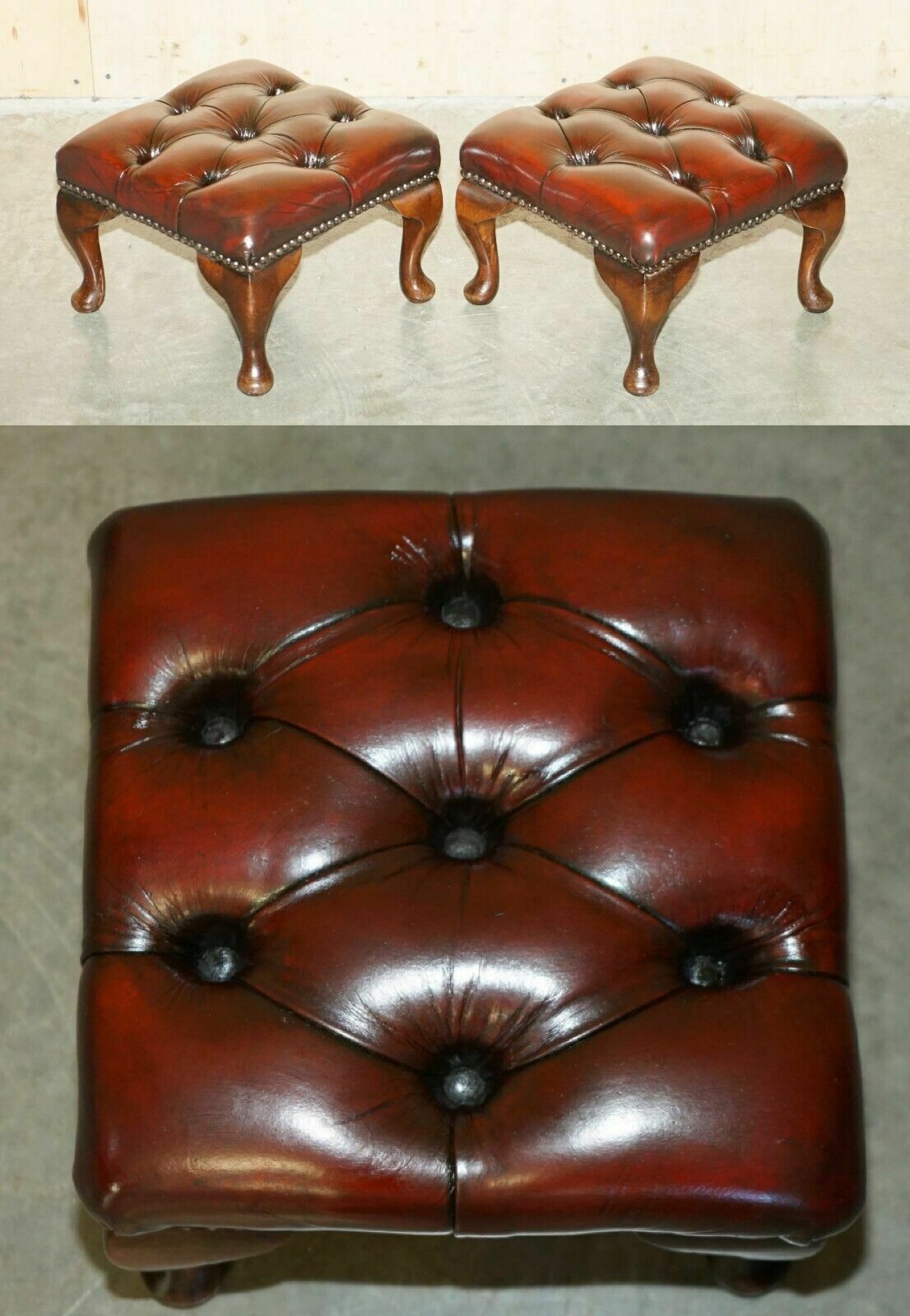 Pair Of Vintage Chesterfield Tufted Wingback Armchair Oxblood Leather Footstools