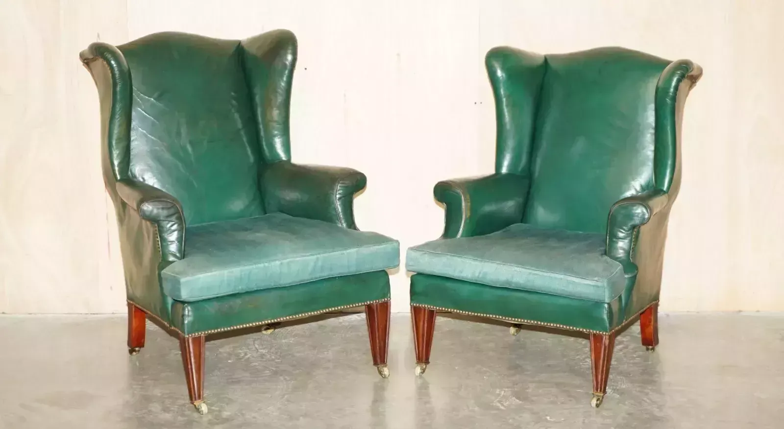 Pair Of Antique Victorian Original Green Leather Upholstery Wingback Armchairs