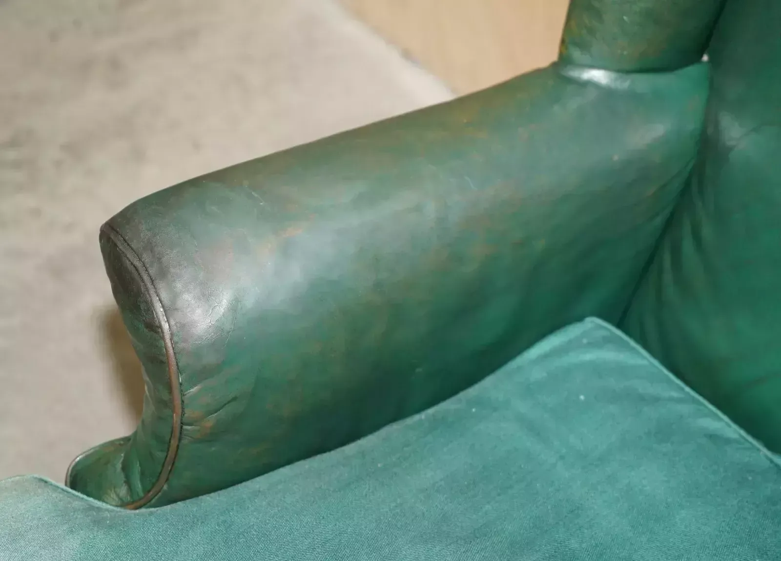Pair Of Antique Victorian Original Green Leather Upholstery Wingback Armchairs photo vintage