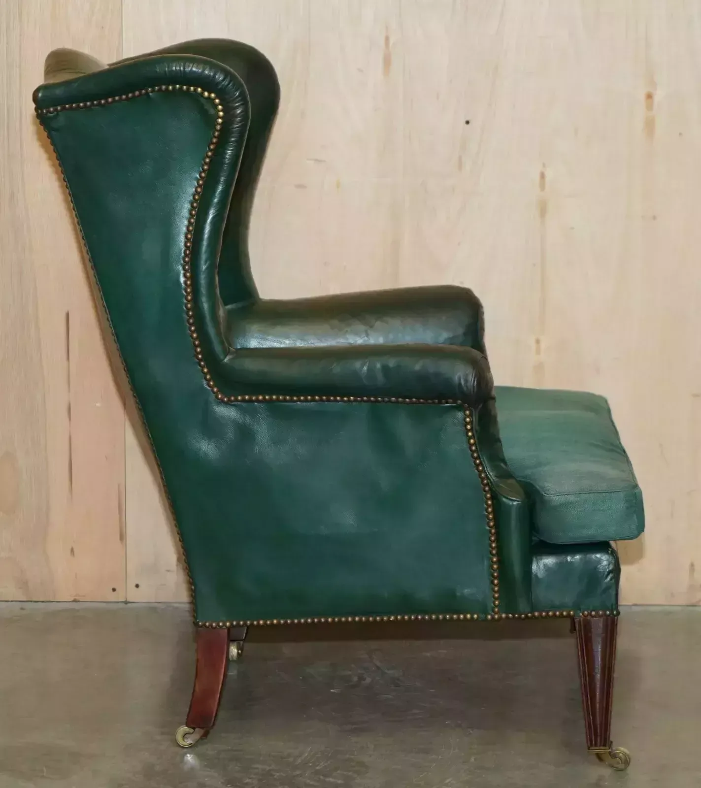 3950.0 Pair Of Antique Victorian Original Green Leather Upholstery Wingback Armchairs photo