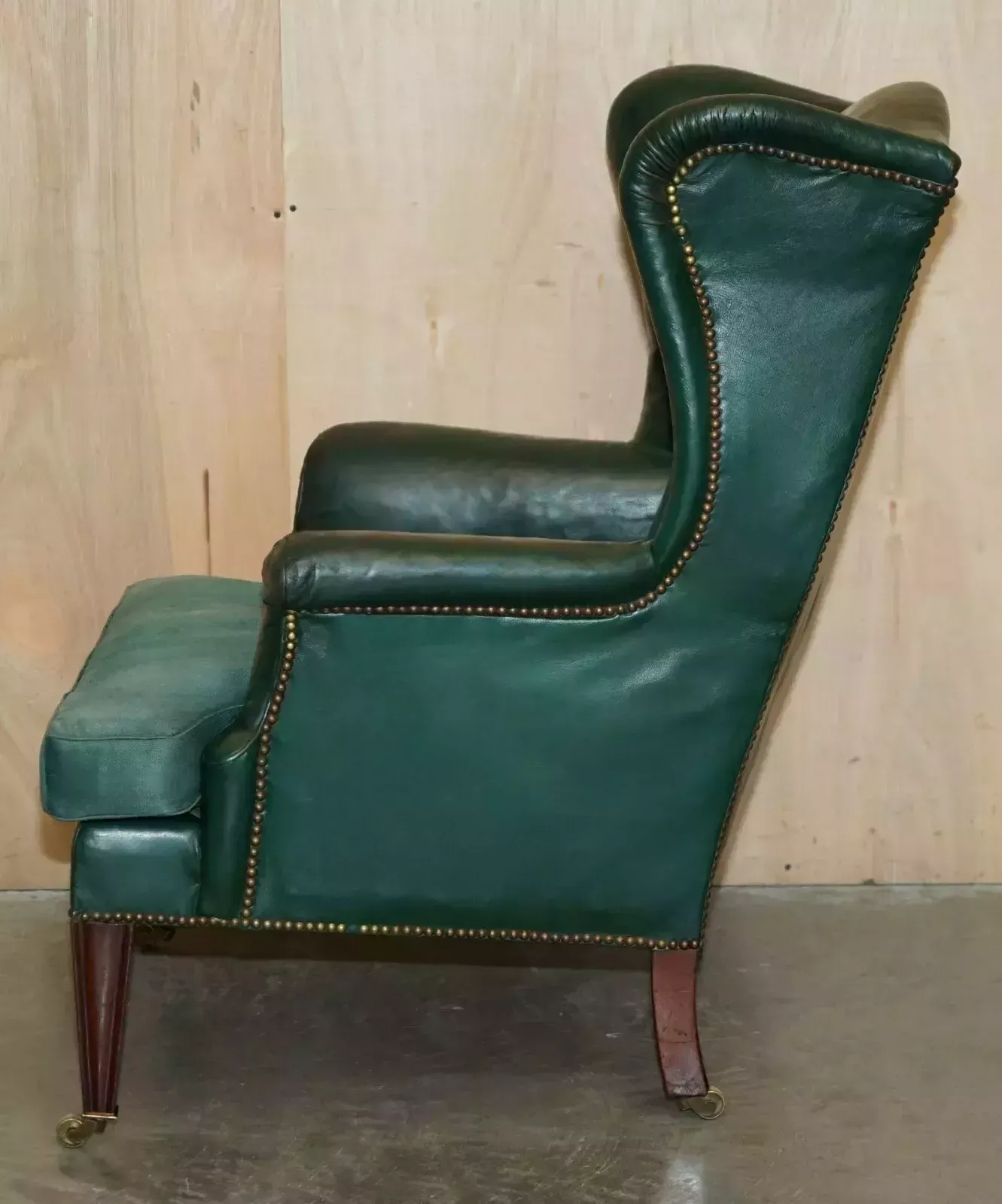 photo buy Pair Of Antique Victorian Original Green Leather Upholstery Wingback Armchairs