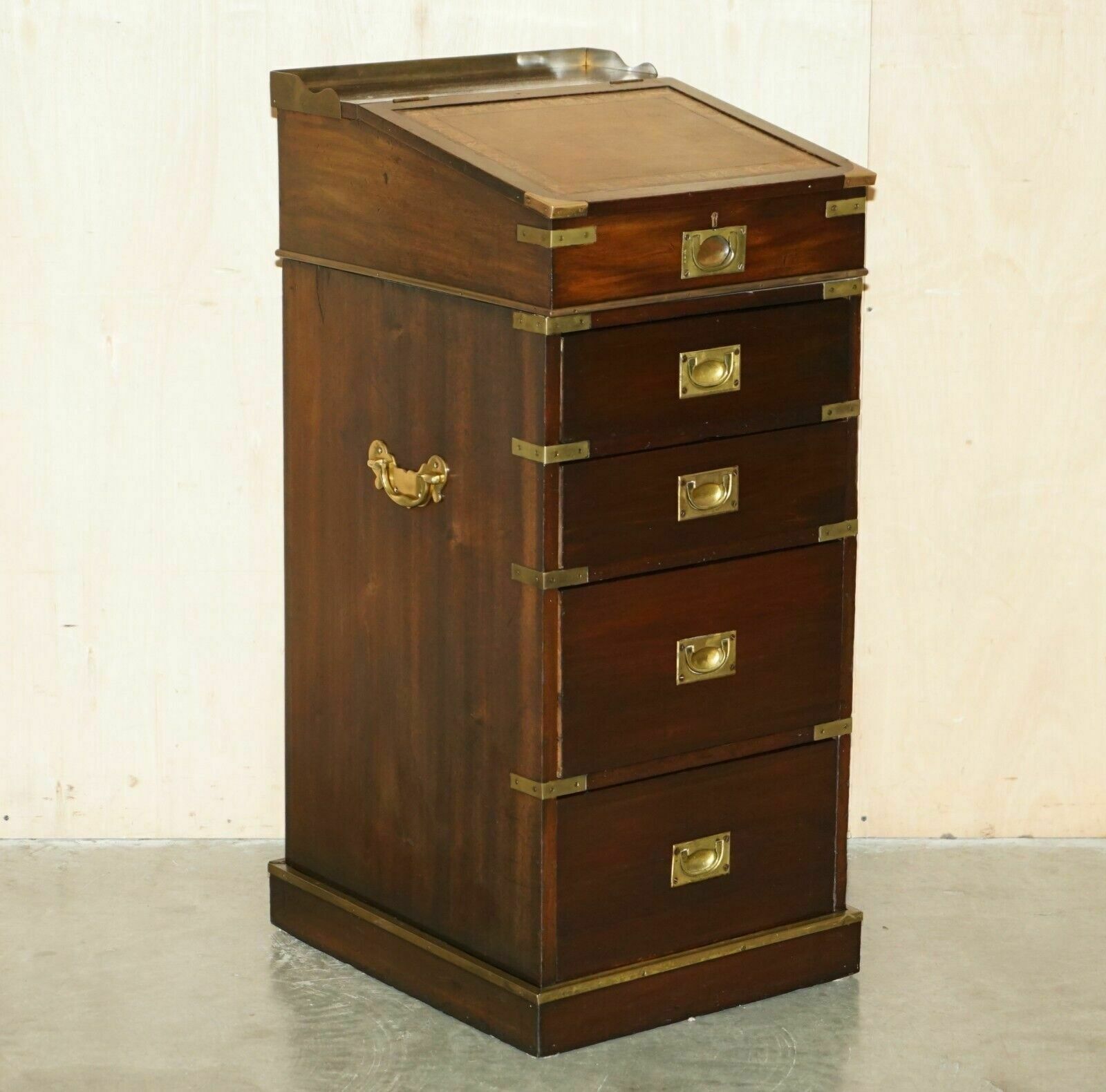 Antique Victorian Brown Leather Brass Gallery Military Campaign Davenport Desk