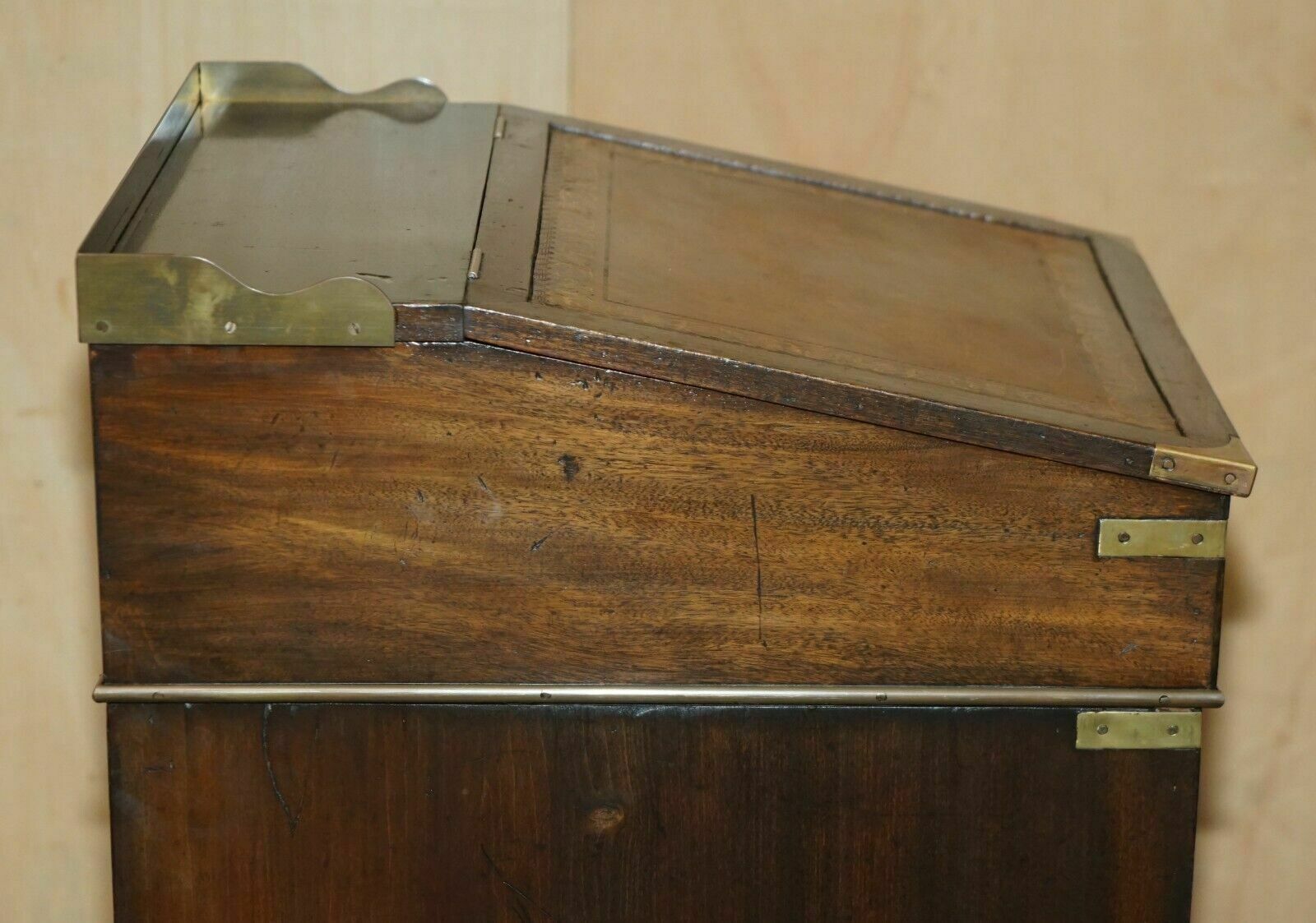 photo for sale Antique Victorian Brown Leather Brass Gallery Military Campaign Davenport Desk