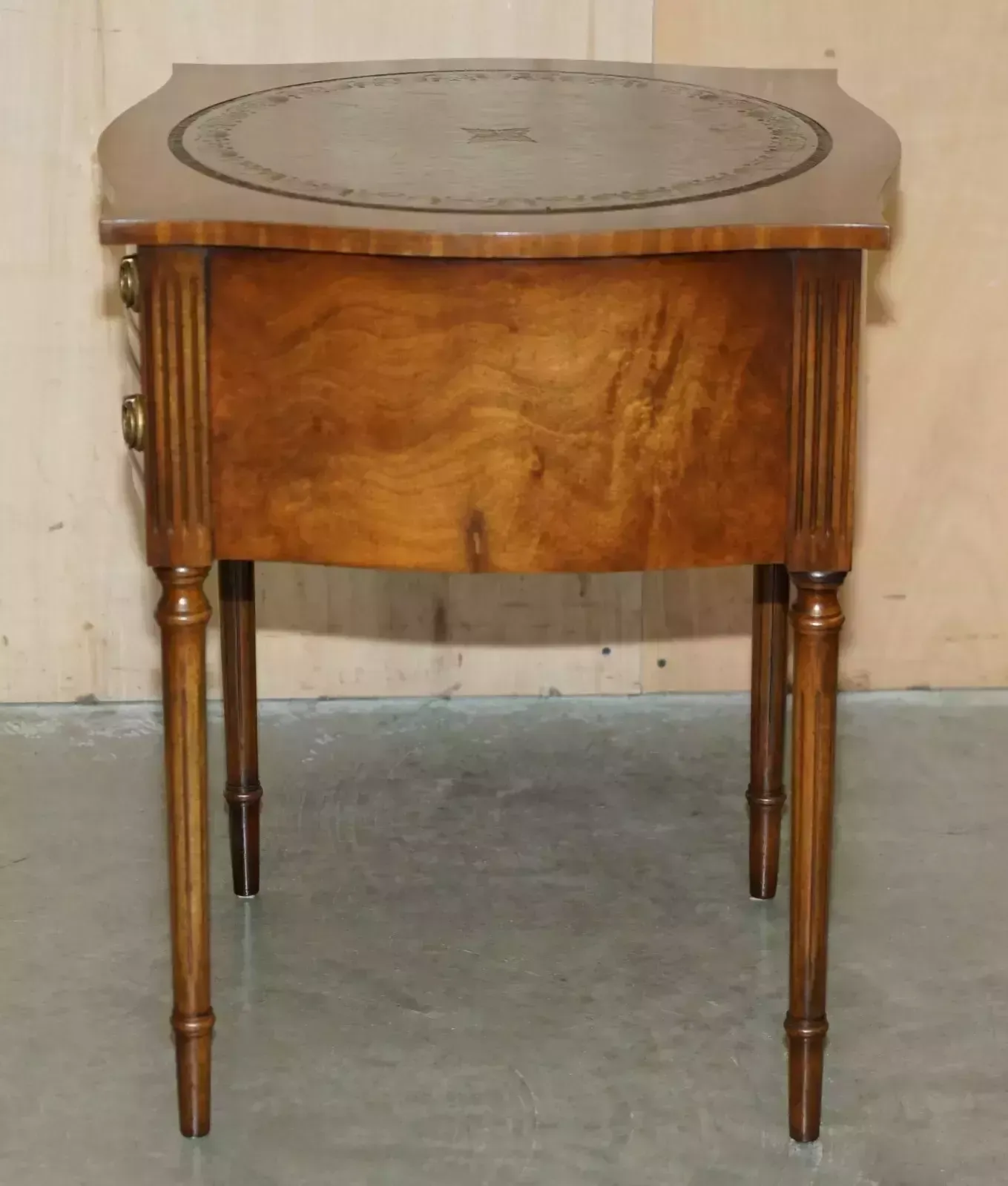 1750.0 Stunning Pair Of Vintage Flamed Mahogany Green Leather Bevan Funnell Side Tables photo