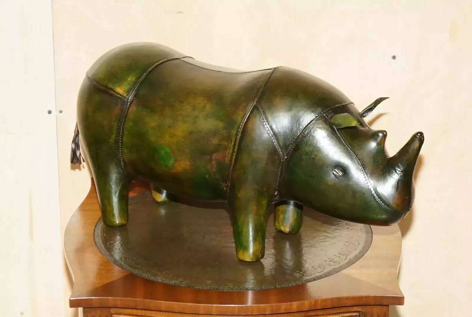 Old Stock Liberty London Style Omersa Green Leather Footstool Rhinoceros Rhino