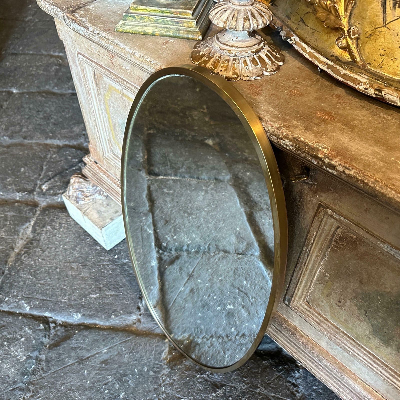 1950s Gio Ponti Style Mid Century Modern Brass Italian Oval Wall Mirror photo vinterior