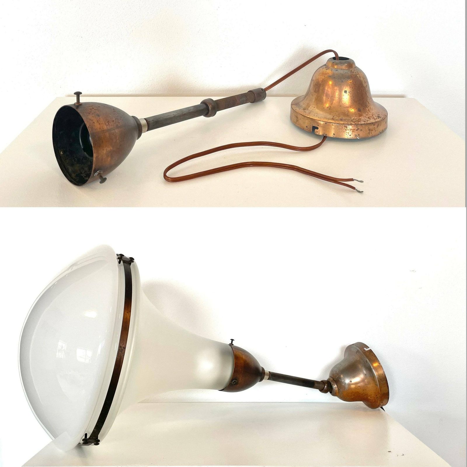 Antique Exclusive Large Luzette Ceiling Light In Opaline And Frosted Glass Designed By Peter Behrens In 1906 For Siemens Schukert, Germany photo vintage