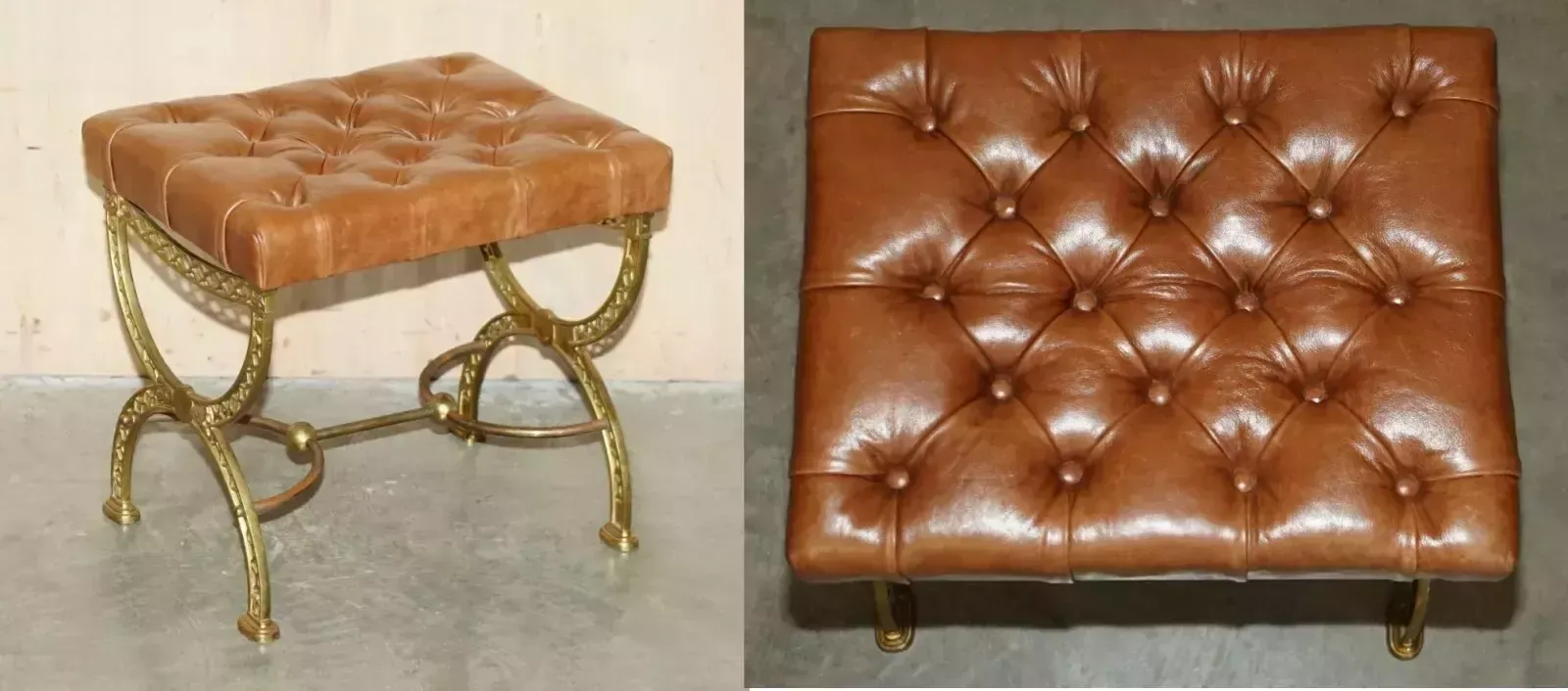 Fine Antique Victorian Brass Show Frame Chesterfield Brown Leather Footstool