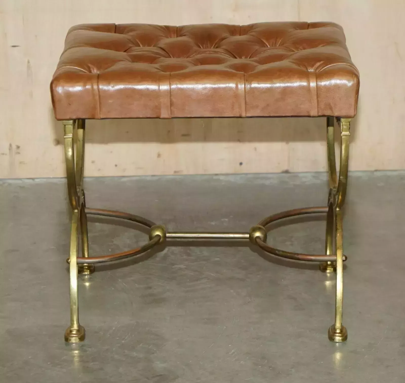 Fine Antique Victorian Brass Show Frame Chesterfield Brown Leather Footstool photo for sale